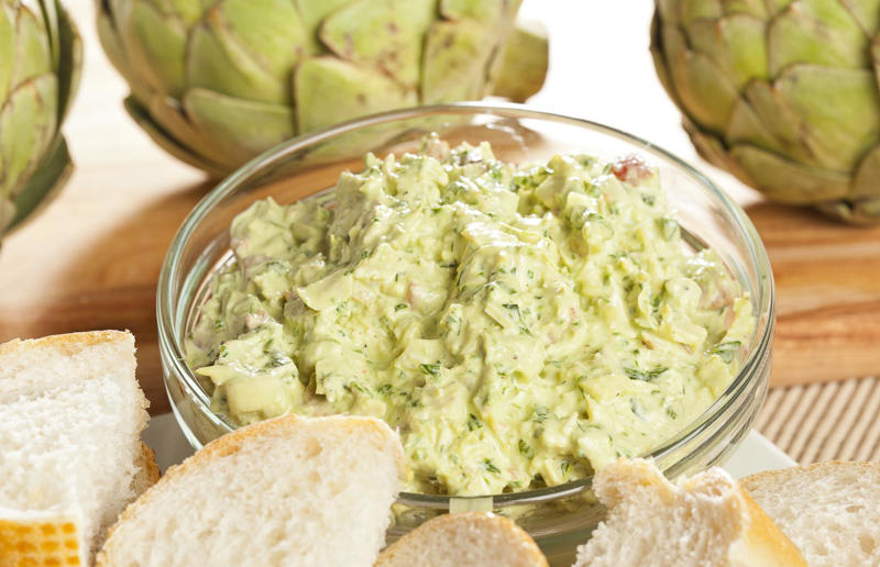 Artichoke As easy as one, two, three..., Honeyed curry mayo, Baked brie, Whipped smoked salmon, Goats' cheese and lemon, Speedy blue cheese, Creamy ranch, Cucumber raita, Crab pâté, Tapenade, Baba ganoush, Smoked mackerel pâté, Sour cream and onion, Roasted red pepper, Beetroot hummus, Tzatziki, Artichoke, Tomato salsa, Guacamole, Salmon and cream cheese, Broad bean and basil, Spicy ponzu, Whipped feta, Hot tomato, Vegan queso, Caramel sauce, Chocolate sauce