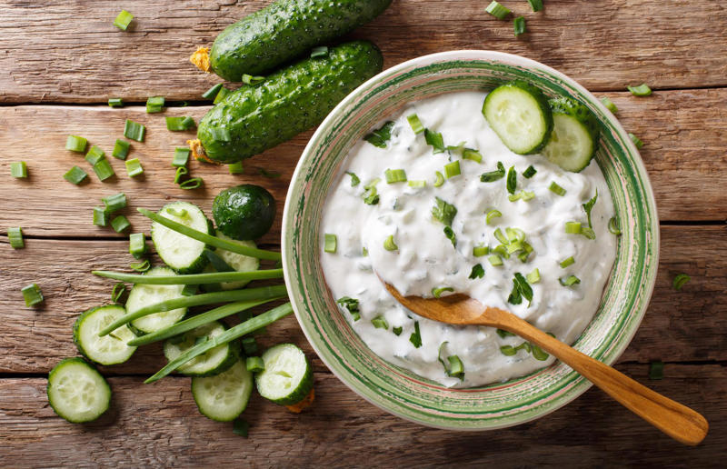 Cucumber raita As easy as one, two, three..., Honeyed curry mayo, Baked brie, Whipped smoked salmon, Goats' cheese and lemon, Speedy blue cheese, Creamy ranch, Cucumber raita, Crab pâté, Tapenade, Baba ganoush, Smoked mackerel pâté, Sour cream and onion, Roasted red pepper, Beetroot hummus, Tzatziki, Artichoke, Tomato salsa, Guacamole, Salmon and cream cheese, Broad bean and basil, Spicy ponzu, Whipped feta, Hot tomato, Vegan queso, Caramel sauce, Chocolate sauce