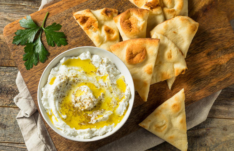 Labneh As easy as one, two, three..., Honeyed curry mayo, Baked brie, Whipped smoked salmon, Goats' cheese and lemon, Speedy blue cheese, Creamy ranch, Cucumber raita, Crab pâté, Tapenade, Baba ganoush, Smoked mackerel pâté, Sour cream and onion, Roasted red pepper, Beetroot hummus, Tzatziki, Artichoke, Tomato salsa, Guacamole, Salmon and cream cheese, Broad bean and basil, Spicy ponzu, Whipped feta, Hot tomato, Vegan queso, Caramel sauce, Chocolate sauce