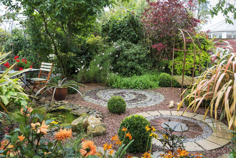 9) Design a Labyrinth 6) Combine Rocks and Mulch, 9) Design a Labyrinth, 10) Highlight Your Greenery, 14) Lay a Foundation, 15) Outline Flower Beds, 16) Edge a Pond, 17) Widen a Front Walk