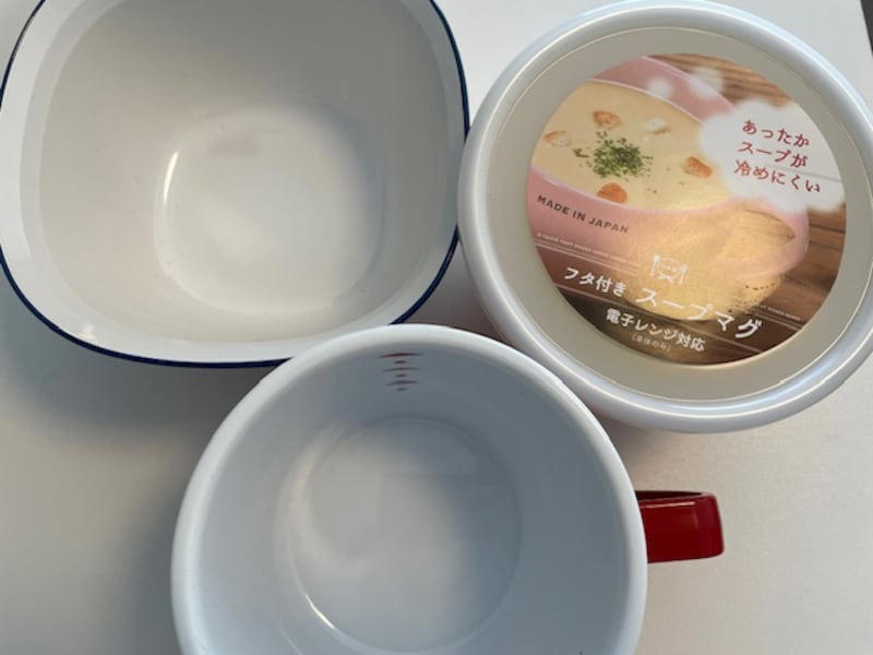 セリアのスープカップの良い口コミ, セリアのスープカップの悪い口コミ, 電子レンジ対応「フタ付きスープマグ」, 耐熱で目盛り付き「スープカップ」, ホーロー風「ボウルS ホワイト」, セリアのスープカップの売り場はどこ？