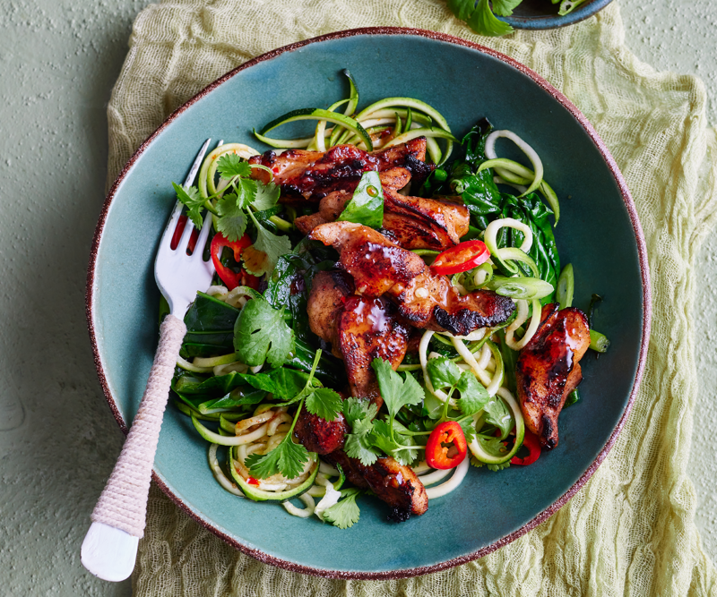 Pork noodle stir fry for one , Pork loin chop with Greek salad , Chargrilled rump steak with Dijon maple butter , Fetta and capsicum pasta bake , Salmon and white bean fish cakes , Creamy carbonara , Chicken stir fry with zucchini noodles , Thai fish curry , Honey soy pumpkin with zucchini noodles and cashews , Lamb cutlets with hummus and a mint and almond tabbouleh , Mustard pork cutlet with pineapple slaw , Crisp skin salmon with herb yoghurt , Spicy peanut butter ramen , Salmon with shaved cauliflower salad , Orange, poppy seed & olive oil mug cake