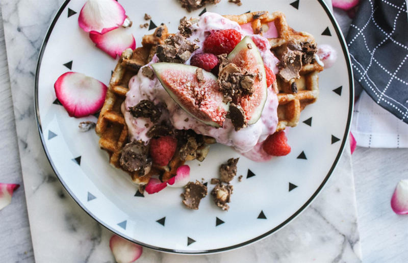 Creamy berry and chocolate waffles Wonderful waffles, Pick the right waffle iron for you, Think about ingredients, Aim for lump-free batter, Whisk, but don’t over-whisk, Make the batter in advance, Get the waffle iron hot, Separate your eggs, Add oil for crispy waffles, Don't just use your iron for waffles, Cornbread waffles, Sourdough waffles, Potato rösti waffles, Falafel waffles, Charcoal waffles, Sweet potato waffles, Avocado, asparagus and rocket waffles, Pizza breakfast waffles, Fried chicken and waffles, Parmesan waffles with jammy eggs and asparagus, Waffle Benedict, Waffle sandwiches, Avocado and smoked salmon waffles, Scandi-style waffles, Spinach waffles, Berries and maple syrup, Creamy berry and chocolate waffles, Sour cream waffles, Gluten-free waffles, Chocolate waffles, Vegan waffles, Beyond berries..., Bubble waffles, Pecan praline waffles, Waffle cones