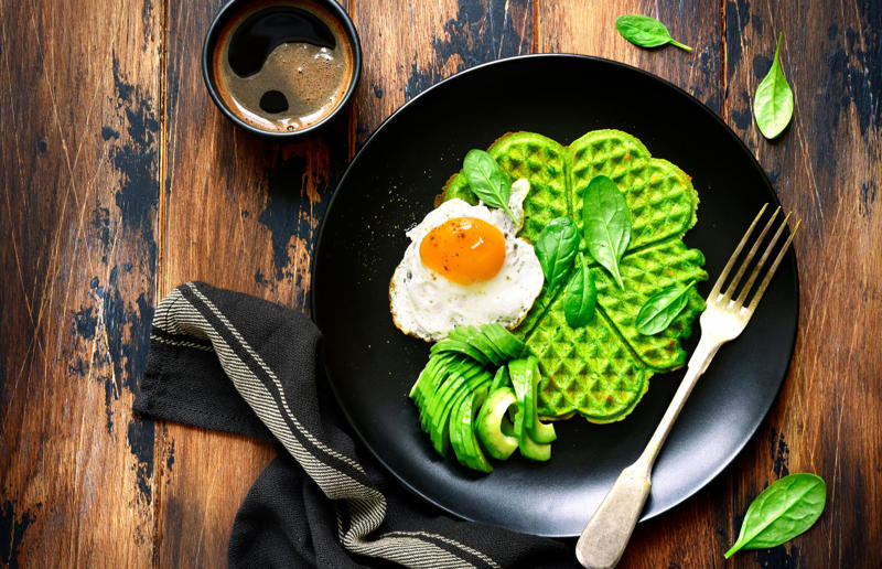 Spinach waffles Wonderful waffles, Pick the right waffle iron for you, Think about ingredients, Aim for lump-free batter, Whisk, but don’t over-whisk, Make the batter in advance, Get the waffle iron hot, Separate your eggs, Add oil for crispy waffles, Don't just use your iron for waffles, Cornbread waffles, Sourdough waffles, Potato rösti waffles, Falafel waffles, Charcoal waffles, Sweet potato waffles, Avocado, asparagus and rocket waffles, Pizza breakfast waffles, Fried chicken and waffles, Parmesan waffles with jammy eggs and asparagus, Waffle Benedict, Waffle sandwiches, Avocado and smoked salmon waffles, Scandi-style waffles, Spinach waffles, Berries and maple syrup, Creamy berry and chocolate waffles, Sour cream waffles, Gluten-free waffles, Chocolate waffles, Vegan waffles, Beyond berries..., Bubble waffles, Pecan praline waffles, Waffle cones