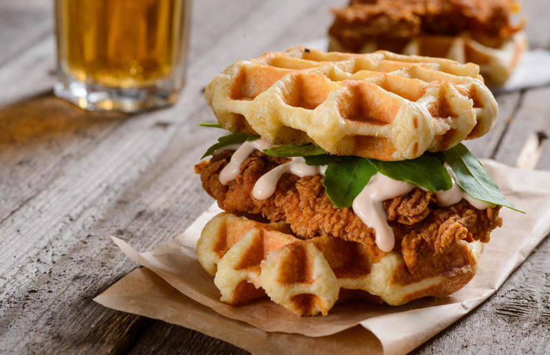 Waffle sandwiches Wonderful waffles, Pick the right waffle iron for you, Think about ingredients, Aim for lump-free batter, Whisk, but don’t over-whisk, Make the batter in advance, Get the waffle iron hot, Separate your eggs, Add oil for crispy waffles, Don't just use your iron for waffles, Cornbread waffles, Sourdough waffles, Potato rösti waffles, Falafel waffles, Charcoal waffles, Sweet potato waffles, Avocado, asparagus and rocket waffles, Pizza breakfast waffles, Fried chicken and waffles, Parmesan waffles with jammy eggs and asparagus, Waffle Benedict, Waffle sandwiches, Avocado and smoked salmon waffles, Scandi-style waffles, Spinach waffles, Berries and maple syrup, Creamy berry and chocolate waffles, Sour cream waffles, Gluten-free waffles, Chocolate waffles, Vegan waffles, Beyond berries..., Bubble waffles, Pecan praline waffles, Waffle cones