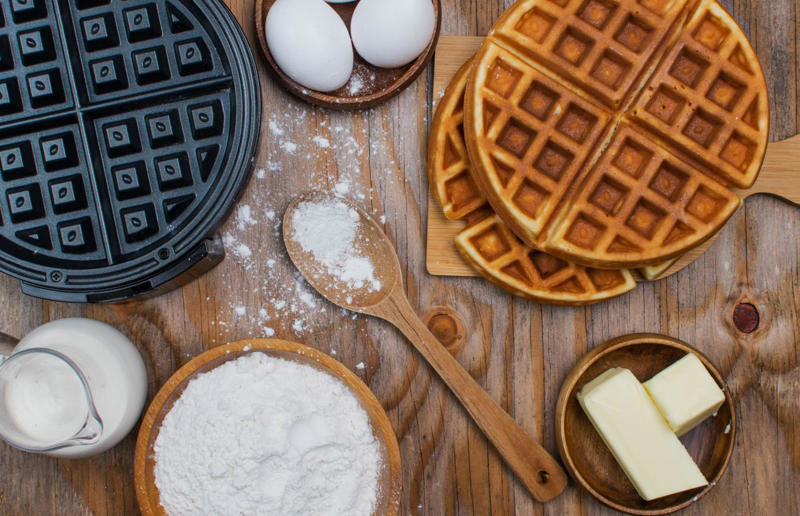 Think about ingredients Wonderful waffles, Pick the right waffle iron for you, Think about ingredients, Aim for lump-free batter, Whisk, but don’t over-whisk, Make the batter in advance, Get the waffle iron hot, Separate your eggs, Add oil for crispy waffles, Don't just use your iron for waffles, Cornbread waffles, Sourdough waffles, Potato rösti waffles, Falafel waffles, Charcoal waffles, Sweet potato waffles, Avocado, asparagus and rocket waffles, Pizza breakfast waffles, Fried chicken and waffles, Parmesan waffles with jammy eggs and asparagus, Waffle Benedict, Waffle sandwiches, Avocado and smoked salmon waffles, Scandi-style waffles, Spinach waffles, Berries and maple syrup, Creamy berry and chocolate waffles, Sour cream waffles, Gluten-free waffles, Chocolate waffles, Vegan waffles, Beyond berries..., Bubble waffles, Pecan praline waffles, Waffle cones