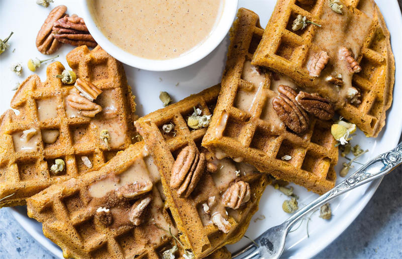 Pecan praline waffles Wonderful waffles, Pick the right waffle iron for you, Think about ingredients, Aim for lump-free batter, Whisk, but don’t over-whisk, Make the batter in advance, Get the waffle iron hot, Separate your eggs, Add oil for crispy waffles, Don't just use your iron for waffles, Cornbread waffles, Sourdough waffles, Potato rösti waffles, Falafel waffles, Charcoal waffles, Sweet potato waffles, Avocado, asparagus and rocket waffles, Pizza breakfast waffles, Fried chicken and waffles, Parmesan waffles with jammy eggs and asparagus, Waffle Benedict, Waffle sandwiches, Avocado and smoked salmon waffles, Scandi-style waffles, Spinach waffles, Berries and maple syrup, Creamy berry and chocolate waffles, Sour cream waffles, Gluten-free waffles, Chocolate waffles, Vegan waffles, Beyond berries..., Bubble waffles, Pecan praline waffles, Waffle cones
