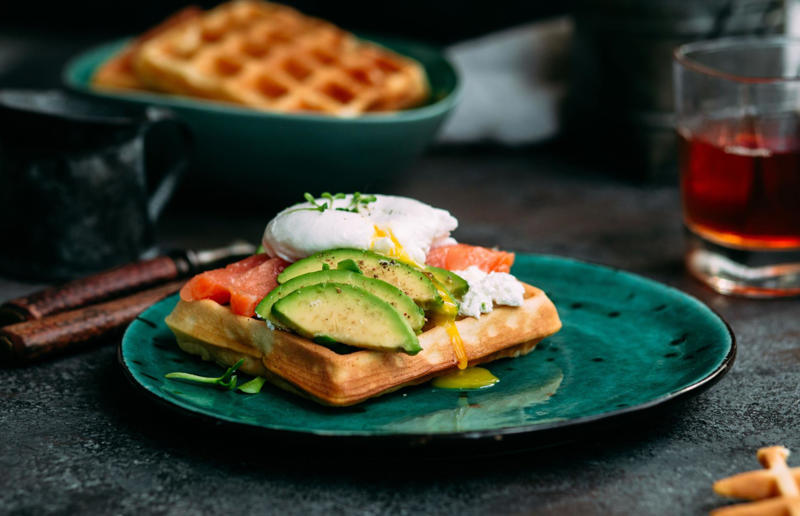 Avocado and smoked salmon waffles Wonderful waffles, Pick the right waffle iron for you, Think about ingredients, Aim for lump-free batter, Whisk, but don’t over-whisk, Make the batter in advance, Get the waffle iron hot, Separate your eggs, Add oil for crispy waffles, Don't just use your iron for waffles, Cornbread waffles, Sourdough waffles, Potato rösti waffles, Falafel waffles, Charcoal waffles, Sweet potato waffles, Avocado, asparagus and rocket waffles, Pizza breakfast waffles, Fried chicken and waffles, Parmesan waffles with jammy eggs and asparagus, Waffle Benedict, Waffle sandwiches, Avocado and smoked salmon waffles, Scandi-style waffles, Spinach waffles, Berries and maple syrup, Creamy berry and chocolate waffles, Sour cream waffles, Gluten-free waffles, Chocolate waffles, Vegan waffles, Beyond berries..., Bubble waffles, Pecan praline waffles, Waffle cones