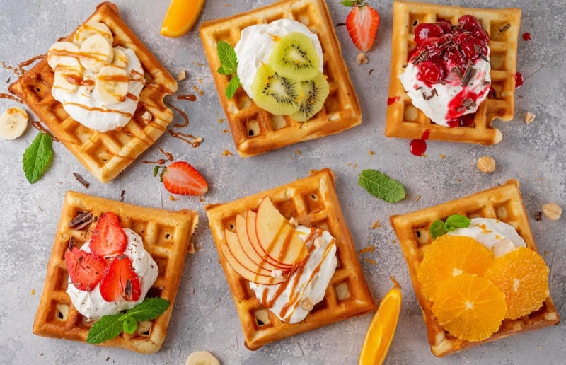 Beyond berries... Wonderful waffles, Pick the right waffle iron for you, Think about ingredients, Aim for lump-free batter, Whisk, but don’t over-whisk, Make the batter in advance, Get the waffle iron hot, Separate your eggs, Add oil for crispy waffles, Don't just use your iron for waffles, Cornbread waffles, Sourdough waffles, Potato rösti waffles, Falafel waffles, Charcoal waffles, Sweet potato waffles, Avocado, asparagus and rocket waffles, Pizza breakfast waffles, Fried chicken and waffles, Parmesan waffles with jammy eggs and asparagus, Waffle Benedict, Waffle sandwiches, Avocado and smoked salmon waffles, Scandi-style waffles, Spinach waffles, Berries and maple syrup, Creamy berry and chocolate waffles, Sour cream waffles, Gluten-free waffles, Chocolate waffles, Vegan waffles, Beyond berries..., Bubble waffles, Pecan praline waffles, Waffle cones