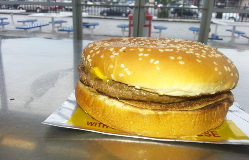 20. New York: hamburger, All-American Hamburger Drive-In, Massapequa 54. Tennessee: Dyer's Single, Dyer's Burgers, Memphis, 53. Alabama: hamburger, Dub's Burgers, Athens, 52. Connecticut: The Original Burger, Louis' Lunch, New Haven, 51. California: Steakburger, The Apple Pan, Los Angeles, 50. Iowa: hamburger, B-Bops, various locations, 49. Maine: hamburger, Black Cow, Portland, 48. New Jersey: hamburger, White Manna, Hackensack, 47. New Hampshire: hamburger, Gilley’s Diner, Portsmouth, 46. Massachusetts: Hamburg, White Hut, West Springfield, 45. California: hamburger, In-N-Out Burger, various locations, 44. District of Columbia: Farmhouse Burger, Good Stuff Eatery, Georgetown, 43. Mississippi: Slugburger, Latham's Hamburger Inn, New Albany, 42. Utah: Big Ben, Burger Bar, Roy, 41. Wisconsin: hamburger, Sobelman's Pub & Grill, Milwaukee, 40. Wyoming: The Liberty Burger, Liberty Burger, Jackson, 39. Illinois: House-blend prime beef burger, Butcher & The Burger, Chicago, 38. Arizona: The Standard at The Stand Arcadia Burger Shoppe, Phoenix, 37. Colorado: Cricket Burger, The Cherry Cricket, Denver, 36. New York: Luger burger, Peter Luger Steakhouse, New York City, 35. Delaware: FTC, Farmer & the Cow, Wilmington, 34. Minnesota: Jucy Lucy, Matt’s Bar, Minneapolis, 33. Pennsylvania: hamburger, M2O Burgers & Salads, Philadelphia, 32. South Carolina: Classic, Big Gun Burger Shop, Charleston, 31. Idaho: The Classic, Holy Cow!, Nampa, 30. Kansas: House Burger, Dempsey's Burger Pub, Wichita, 29. Missouri: hamburger, Town Topic, Kansas City, 28. Nebraska: The Original, Cheeseburgers, Omaha, 27. New Mexico: Rustic, Rustic On The Green, Albuquerque, 26. Indiana: Smash burger, Workingman’s Friend, Indianapolis, 25. Vermont: Worthy Burger, Worthy Burger, South Royalton and Woodstock, 24. Arkansas: traditional hamburger, Hugo's, Fayetteville, 23. Texas: Tookie's Burger, Tookie's Hamburgers & More, Kemah, 22. Nevada: Plain Jane, Beefy's, Reno, 21. Georgia: Green Truck Classic, Green Truck Pub, Savannah, 20. New York: hamburger, All-American Hamburger Drive-In, Massapequa, 19. North Dakota: Carport, Sickies Garage Burgers & Brews, various locations, 18. Michigan: sliders, Motz’s Burgers, Detroit, 17. Michigan: Ground Round, Miller’s Bar, Dearborn, 16. Florida: hamburger, Mac's Drive-Thru, Gainesville, 15. West Virginia: Oscar, Oscar’s Breakfast, Burgers & Brews, Barboursville, 14. North Carolina: hamburger, Brooks’ Sandwich House, Charlotte, 13. Kentucky: The Purist, Bard's Burgers & Chili, Covington, 12. Maryland: Hamburger, Burger Bros., Towson, 11. Oklahoma: single onion burger, Tucker's Onion Burgers, various locations, 10. Rhode Island: Stanley Burger, Stanley’s Famous Hamburgers, Central Falls, 9. Virginia: Beauvine, Beauvine Burger Concept, Richmond, 8. Oregon: The Original 100, Hwy 101 Burger, Lincoln City, 7. Ohio: hamburger, Kewpee Hamburgers, Lima, 6. Hawaii: hamburger, Kua Aina Sandwich Shop, Haleiwa, 5. Alaska: The Burger Stop, Tommy's Burger Stop, Anchorage, 4. Montana: Hamburger, The Burger Drive, Billings, 3. Washington: Seattle Classic, Von's 1000 Spirits, Seattle, 2. Louisiana: Butcher Burger, Cochon Butcher, New Orleans