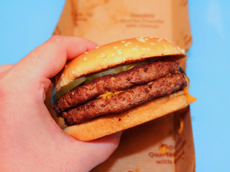 The Double Quarter-Pounder with cheese comes with a whopping half-pound of meat, pickles, onions, ketchup, and mustard. Shake Shack's double cheeseburger, my least favorite, was particularly large., I also tried the McDonald's Double Quarter Pounder with cheese., I would order this burger again., The third-best burger I tried was Wendy's Dave's Triple., My second-favorite burger was the new Big Arch burger from McDonald's.