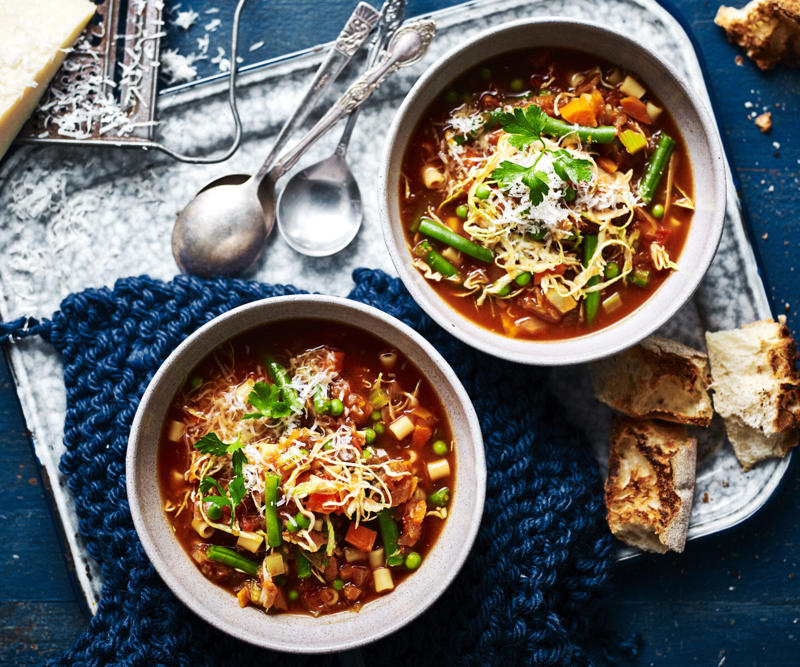 Can I freeze these soups?, Vegetable soup recipes to try,          Quick &amp; easy minestrone &amp; ravioli soup      ,          Quick &amp; easy potato soup with cheddar toasts      ,          Traditional Italian minestrone soup      ,          Smoky mushroom soup with garlic labne      ,          Indian-spiced red lentil and pumpkin soup      ,          Slow cooker curried lentil and tomato soup      ,          Potato and pea soup with pesto, ricotta cream and crispy croutons      ,          Slow-cooker coconut pumpkin soup      ,          Tuscan tomato bread soup      ,          Speedy tofu laksa      ,          Mushroom hot &amp; sour soup      ,          Broccoli and kale soup with lemon creme fraiche      ,          Roasted tomato soup with broccoli pesto      ,          Cauliflower cream soup with mushrooms      ,          Barley and vegetable soup with crunchy seeds      ,          Sweet corn soup with ginger      ,          Spinach, rocket &amp; pea soup with brie croûtes      ,          Spiced lentil and roasted kumara soup      ,          Tomato and fennel soup      ,          Spiced carrot soup with smoked almonds      ,          Cauliflower and parsnip soup      ,          Cream of celeriac soup      ,          Creamy sweet potato and fennel soup with parmesan wafers      ,          Ratatouille soup with pistou      ,          Moroccan vegetable soup with harissa      ,          Spiced pumpkin soup with cinnamon cream      ,          Potato soup with capsicum &amp; almonds      , What to serve with these vegetable soups, More vegetarian comfort meals