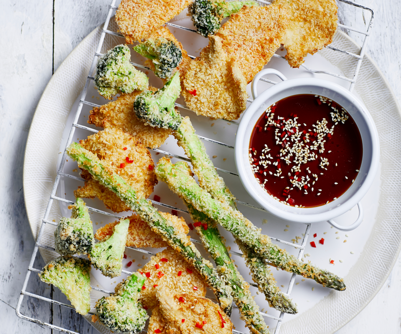 Air fryer carrots , Four-ways with air fryer roast potatoes , Air fryer Sriracha vegetable tempura , Steph de Sousa’s air fryer Mexican-style corn ribs , Air fryer chips and wedges six ways , How to make lentil-stuffed eggplant in your air fryer