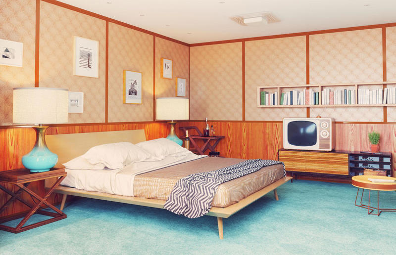 Then: wood cladding These interior design trends are back with a bang, Then: wall sconces, Then: metal frame beds, Then: dried flowers, Then: checkerboard flooring, Now: checkerboard flooring, Then: textured surfaces, Then: pink bathrooms, Then: Art Deco style, Then: 70s palettes, Then: sink skirts, Then: corner sofas, Then: exposed brick, Then: fringing, Now: fringing, Then: primary colours, Now: primary colours, Then: wicker furniture, Then: dark kitchens, Then: wood cladding, Then: colourful kitchen appliances, Now: colourful kitchen appliances, Then: succulents and cacti, Now: succulents and cacti, Then: square tiles, Then: macrame, Now: macrame, Then: decorative tiles, Then: vinyl record players, Now: vinyl record players, Then: blousy florals, Then: pink kitchens, Then: maximalism, Then: gingham