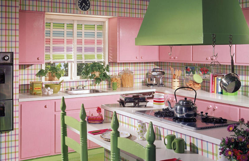 Then: pink kitchens These interior design trends are back with a bang, Then: wall sconces, Then: metal frame beds, Then: dried flowers, Then: checkerboard flooring, Now: checkerboard flooring, Then: textured surfaces, Then: pink bathrooms, Then: Art Deco style, Then: 70s palettes, Then: sink skirts, Then: corner sofas, Then: exposed brick, Then: fringing, Now: fringing, Then: primary colours, Now: primary colours, Then: wicker furniture, Then: dark kitchens, Then: wood cladding, Then: colourful kitchen appliances, Now: colourful kitchen appliances, Then: succulents and cacti, Now: succulents and cacti, Then: square tiles, Then: macrame, Now: macrame, Then: decorative tiles, Then: vinyl record players, Now: vinyl record players, Then: blousy florals, Then: pink kitchens, Then: maximalism, Then: gingham