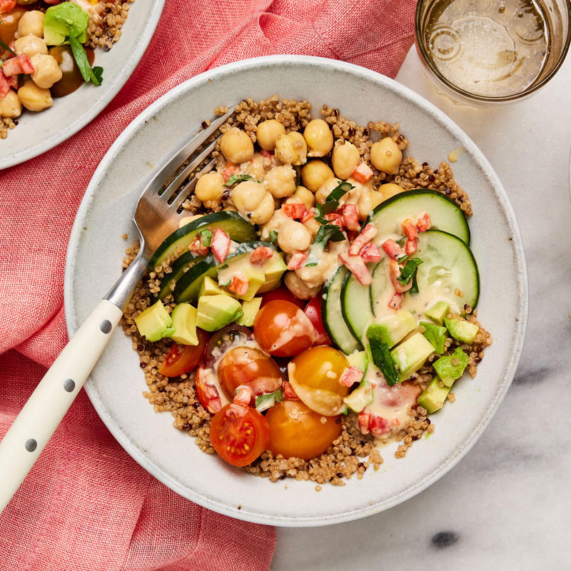 Avocado, Tomato &amp; Chicken Sandwich, Creamy Pesto Chicken Salad with Greens, Spinach &amp; Fried Egg Grain Bowls, Crispy Salmon Rice Bowl, Chickpea &amp; Quinoa Grain Bowl, Spicy Salmon Sushi Roll-Ups, Black Bean-Queso Wraps, Sweet Potato, Kale &amp; Chicken Salad with Peanut Dressing, Cabbage, Tofu &amp; Edamame Salad, Veggie Wrap with Cilantro Hummus, Couscous &amp; Chickpea Salad, Grilled Marinated Flank Steak Salad, Chipotle Chicken &amp; Vegetable Soup, Chicken, Quinoa &amp; Veggie Bowl, Avocado &amp; Shrimp Chopped Salad, Chimichurri Noodle Bowls, Italian-Herbed Chicken and Mozzarella Melts, Spicy Slaw Bowls with Shrimp &amp; Edamame, Chicken Avocado BLT Wrap, Turkey &amp; Bean Burritos, Roasted Tofu &amp; Peanut Noodle Salad, Banana-Cocoa Soy Smoothie