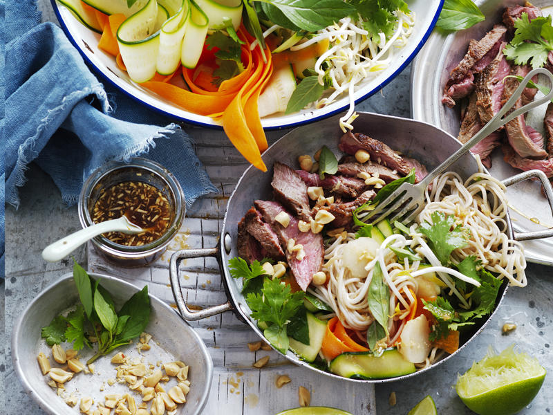 Pork and eggplant noodle stir-fry , Pork larb with rice noodles , Pork stir-fry with noodles , Sweet and sour pork with rice noodle salad , 5 ingredient dan dan noodles , Julie Goodwin’s char siu pork noodle stir-fry , Pork noodle stir fry for one , How to make a classic beef chow mein at home , Char kway teow , Chicken and ginger noodle soup , Braised honey and soy pork fillet steaks , Tuna and soba noodle salad , Pumpkin and eggplant with chilli and Thai basil , Air fryer vegetable spring rolls , Slow cooker chicken pho (Pho Ga) , Sweet and soy pork , Miso beef short rib & pumpkin hotpot , Pork with rice noodles , Gai lan and mushroom five-spice stir-fry , Hokkien mee with beef , Teriyaki chicken udon noodles with choy sum , Soba noodle salad with fried prawns , Prawn and fish balls with ginger broth and noodles , Miso broth with tamari pumpkin and noodles , Pork and tofu rice noodles , Noodle salad with ginger-rubbed beef , One−pot poached chicken with soba noodles , Miso udon soup , Asian-style omelettes with glass noodles