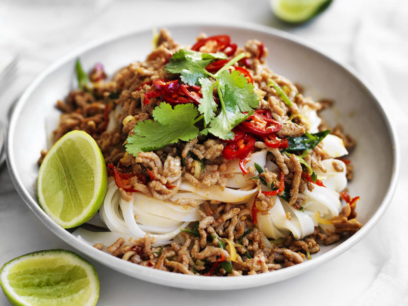 Pork and eggplant noodle stir-fry , Pork larb with rice noodles , Pork stir-fry with noodles , Sweet and sour pork with rice noodle salad , 5 ingredient dan dan noodles , Julie Goodwin’s char siu pork noodle stir-fry , Pork noodle stir fry for one , How to make a classic beef chow mein at home , Char kway teow , Chicken and ginger noodle soup , Braised honey and soy pork fillet steaks , Tuna and soba noodle salad , Pumpkin and eggplant with chilli and Thai basil , Air fryer vegetable spring rolls , Slow cooker chicken pho (Pho Ga) , Sweet and soy pork , Miso beef short rib & pumpkin hotpot , Pork with rice noodles , Gai lan and mushroom five-spice stir-fry , Hokkien mee with beef , Teriyaki chicken udon noodles with choy sum , Soba noodle salad with fried prawns , Prawn and fish balls with ginger broth and noodles , Miso broth with tamari pumpkin and noodles , Pork and tofu rice noodles , Noodle salad with ginger-rubbed beef , One−pot poached chicken with soba noodles , Miso udon soup , Asian-style omelettes with glass noodles