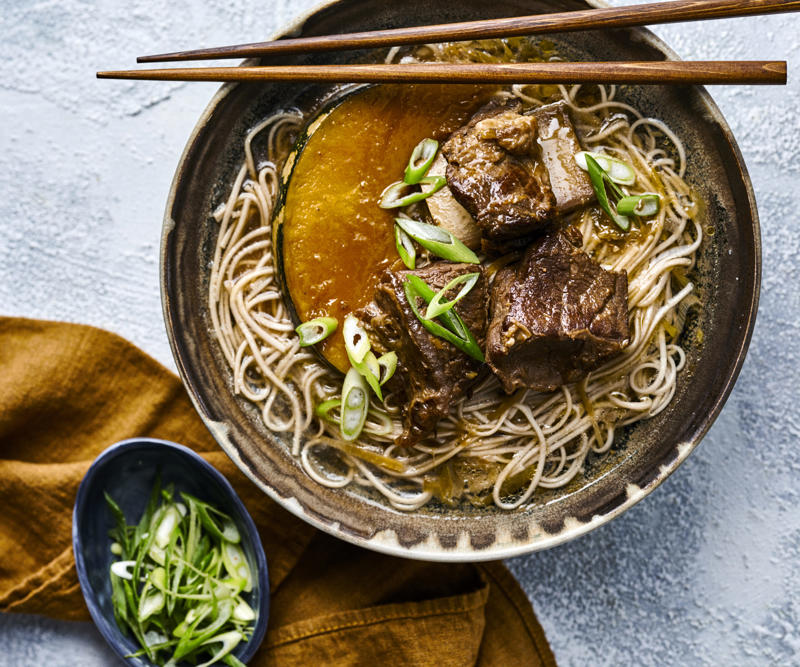 Pork and eggplant noodle stir-fry , Pork larb with rice noodles , Pork stir-fry with noodles , Sweet and sour pork with rice noodle salad , 5 ingredient dan dan noodles , Julie Goodwin’s char siu pork noodle stir-fry , Pork noodle stir fry for one , How to make a classic beef chow mein at home , Char kway teow , Chicken and ginger noodle soup , Braised honey and soy pork fillet steaks , Tuna and soba noodle salad , Pumpkin and eggplant with chilli and Thai basil , Air fryer vegetable spring rolls , Slow cooker chicken pho (Pho Ga) , Sweet and soy pork , Miso beef short rib & pumpkin hotpot , Pork with rice noodles , Gai lan and mushroom five-spice stir-fry , Hokkien mee with beef , Teriyaki chicken udon noodles with choy sum , Soba noodle salad with fried prawns , Prawn and fish balls with ginger broth and noodles , Miso broth with tamari pumpkin and noodles , Pork and tofu rice noodles , Noodle salad with ginger-rubbed beef , One−pot poached chicken with soba noodles , Miso udon soup , Asian-style omelettes with glass noodles