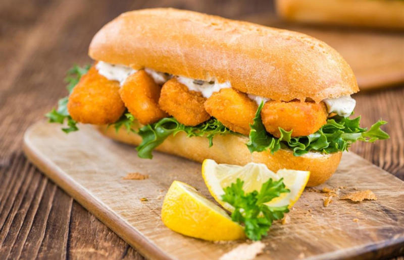 Fish finger sandwich Speedy suppers, Homemade pitta nachos with crispy lamb and salad, Sticky honey and ginger chicken, Fish finger sandwich, Butternut squash and feta pizza, Speedy chicken broth, Teriyaki steak and asparagus, Huevos rancheros, Prawn, chorizo and basil linguine, Cheese, ham and fig crêpes, Steak with peppercorn sauce, Caesar salad, Mussels rassa, Cheeseburgers, Grilled king prawns with chermoula, Loaded jacket potatoes, Easy macaroni cheese, Lamb and chorizo burger, Apple and turkey quesadillas, Spiced beef skewers, Yakisoba, Thai spiced fish cakes, Chinese crispy pork, Falafel sandwich, Prawn tacos, Grilled vegetable salad, Crab spaghetti, Potato, courgette and goats’ cheese frittata, Haddock in cheese sauce, Sausages with cannellini mash, Croque madame
