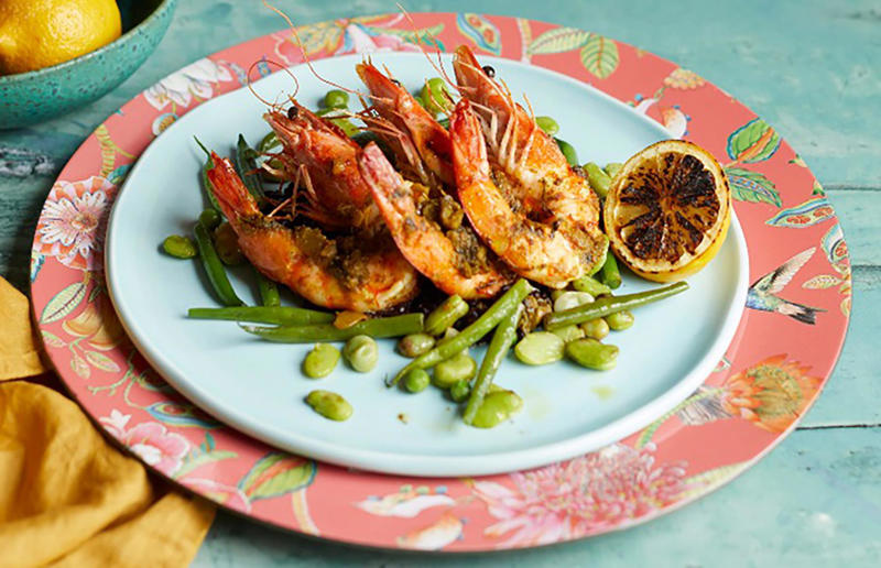 Grilled king prawns with chermoula Speedy suppers, Homemade pitta nachos with crispy lamb and salad, Sticky honey and ginger chicken, Fish finger sandwich, Butternut squash and feta pizza, Speedy chicken broth, Teriyaki steak and asparagus, Huevos rancheros, Prawn, chorizo and basil linguine, Cheese, ham and fig crêpes, Steak with peppercorn sauce, Caesar salad, Mussels rassa, Cheeseburgers, Grilled king prawns with chermoula, Loaded jacket potatoes, Easy macaroni cheese, Lamb and chorizo burger, Apple and turkey quesadillas, Spiced beef skewers, Yakisoba, Thai spiced fish cakes, Chinese crispy pork, Falafel sandwich, Prawn tacos, Grilled vegetable salad, Crab spaghetti, Potato, courgette and goats’ cheese frittata, Haddock in cheese sauce, Sausages with cannellini mash, Croque madame