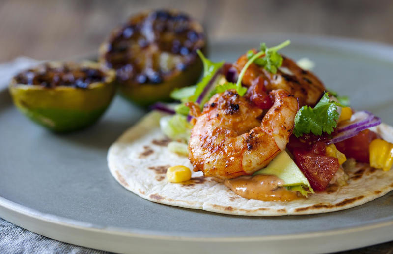 Prawn tacos Speedy suppers, Homemade pitta nachos with crispy lamb and salad, Sticky honey and ginger chicken, Fish finger sandwich, Butternut squash and feta pizza, Speedy chicken broth, Teriyaki steak and asparagus, Huevos rancheros, Prawn, chorizo and basil linguine, Cheese, ham and fig crêpes, Steak with peppercorn sauce, Caesar salad, Mussels rassa, Cheeseburgers, Grilled king prawns with chermoula, Loaded jacket potatoes, Easy macaroni cheese, Lamb and chorizo burger, Apple and turkey quesadillas, Spiced beef skewers, Yakisoba, Thai spiced fish cakes, Chinese crispy pork, Falafel sandwich, Prawn tacos, Grilled vegetable salad, Crab spaghetti, Potato, courgette and goats’ cheese frittata, Haddock in cheese sauce, Sausages with cannellini mash, Croque madame