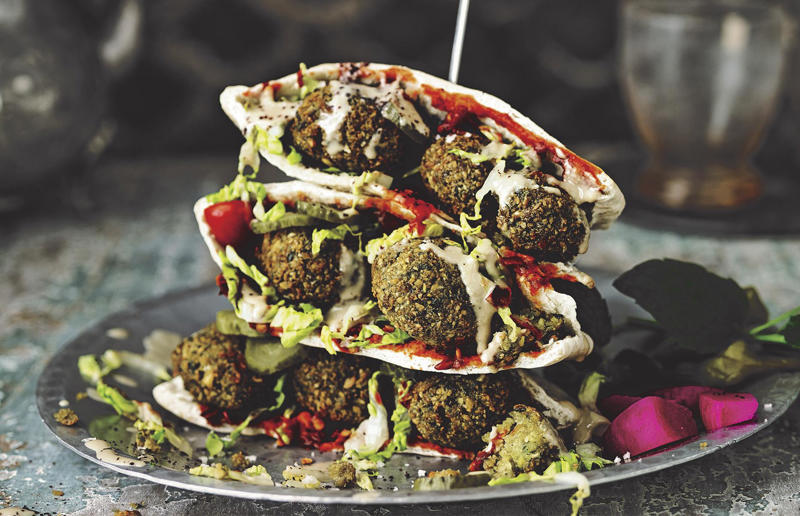 Falafel sandwich Speedy suppers, Homemade pitta nachos with crispy lamb and salad, Sticky honey and ginger chicken, Fish finger sandwich, Butternut squash and feta pizza, Speedy chicken broth, Teriyaki steak and asparagus, Huevos rancheros, Prawn, chorizo and basil linguine, Cheese, ham and fig crêpes, Steak with peppercorn sauce, Caesar salad, Mussels rassa, Cheeseburgers, Grilled king prawns with chermoula, Loaded jacket potatoes, Easy macaroni cheese, Lamb and chorizo burger, Apple and turkey quesadillas, Spiced beef skewers, Yakisoba, Thai spiced fish cakes, Chinese crispy pork, Falafel sandwich, Prawn tacos, Grilled vegetable salad, Crab spaghetti, Potato, courgette and goats’ cheese frittata, Haddock in cheese sauce, Sausages with cannellini mash, Croque madame