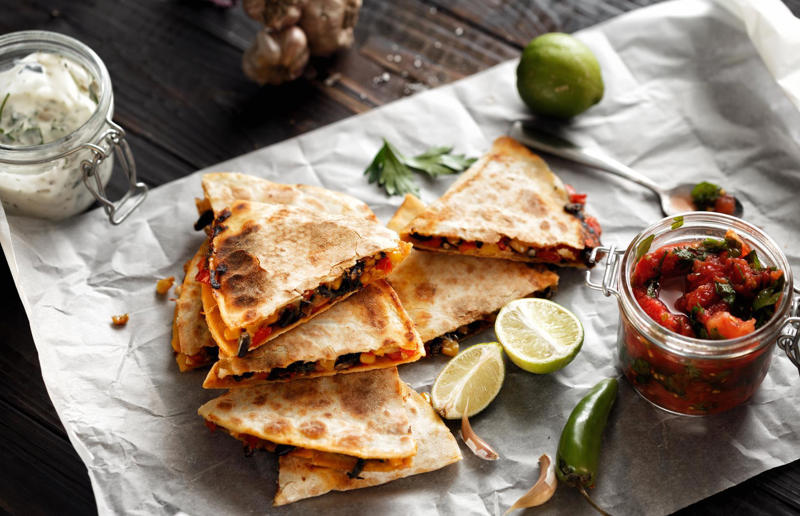Apple and turkey quesadillas Speedy suppers, Homemade pitta nachos with crispy lamb and salad, Sticky honey and ginger chicken, Fish finger sandwich, Butternut squash and feta pizza, Speedy chicken broth, Teriyaki steak and asparagus, Huevos rancheros, Prawn, chorizo and basil linguine, Cheese, ham and fig crêpes, Steak with peppercorn sauce, Caesar salad, Mussels rassa, Cheeseburgers, Grilled king prawns with chermoula, Loaded jacket potatoes, Easy macaroni cheese, Lamb and chorizo burger, Apple and turkey quesadillas, Spiced beef skewers, Yakisoba, Thai spiced fish cakes, Chinese crispy pork, Falafel sandwich, Prawn tacos, Grilled vegetable salad, Crab spaghetti, Potato, courgette and goats’ cheese frittata, Haddock in cheese sauce, Sausages with cannellini mash, Croque madame