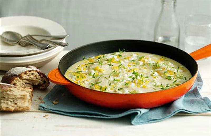 Haddock in cheese sauce Speedy suppers, Homemade pitta nachos with crispy lamb and salad, Sticky honey and ginger chicken, Fish finger sandwich, Butternut squash and feta pizza, Speedy chicken broth, Teriyaki steak and asparagus, Huevos rancheros, Prawn, chorizo and basil linguine, Cheese, ham and fig crêpes, Steak with peppercorn sauce, Caesar salad, Mussels rassa, Cheeseburgers, Grilled king prawns with chermoula, Loaded jacket potatoes, Easy macaroni cheese, Lamb and chorizo burger, Apple and turkey quesadillas, Spiced beef skewers, Yakisoba, Thai spiced fish cakes, Chinese crispy pork, Falafel sandwich, Prawn tacos, Grilled vegetable salad, Crab spaghetti, Potato, courgette and goats’ cheese frittata, Haddock in cheese sauce, Sausages with cannellini mash, Croque madame