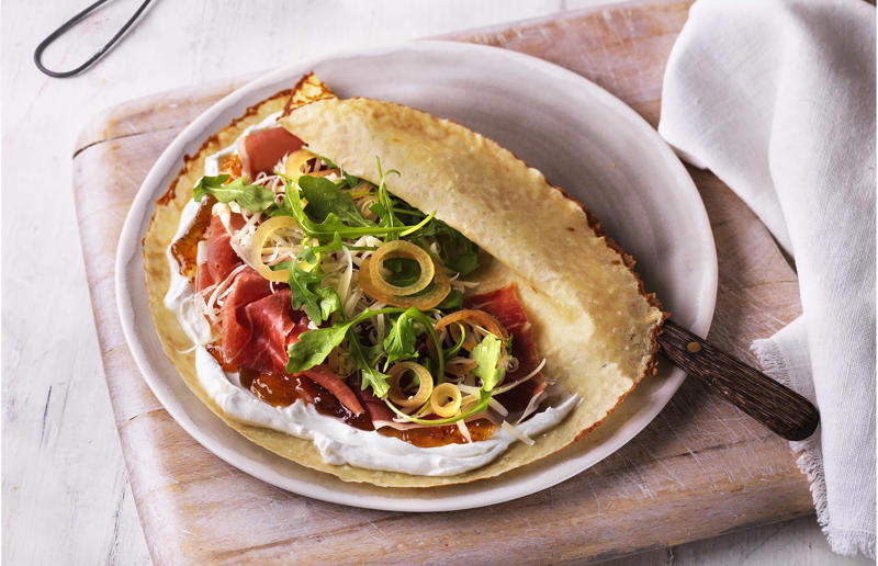 Cheese, ham and fig crêpes Speedy suppers, Homemade pitta nachos with crispy lamb and salad, Sticky honey and ginger chicken, Fish finger sandwich, Butternut squash and feta pizza, Speedy chicken broth, Teriyaki steak and asparagus, Huevos rancheros, Prawn, chorizo and basil linguine, Cheese, ham and fig crêpes, Steak with peppercorn sauce, Caesar salad, Mussels rassa, Cheeseburgers, Grilled king prawns with chermoula, Loaded jacket potatoes, Easy macaroni cheese, Lamb and chorizo burger, Apple and turkey quesadillas, Spiced beef skewers, Yakisoba, Thai spiced fish cakes, Chinese crispy pork, Falafel sandwich, Prawn tacos, Grilled vegetable salad, Crab spaghetti, Potato, courgette and goats’ cheese frittata, Haddock in cheese sauce, Sausages with cannellini mash, Croque madame
