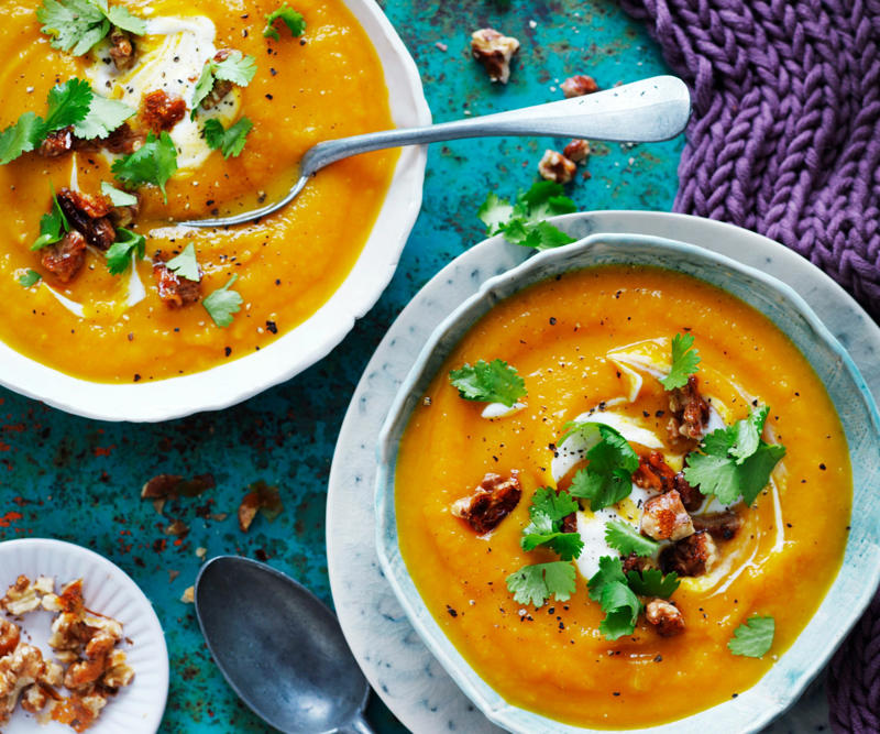 Can I freeze these soups?, Vegetable soup recipes to try,          Quick &amp; easy minestrone &amp; ravioli soup      ,          Quick &amp; easy potato soup with cheddar toasts      ,          Traditional Italian minestrone soup      ,          Smoky mushroom soup with garlic labne      ,          Indian-spiced red lentil and pumpkin soup      ,          Slow cooker curried lentil and tomato soup      ,          Potato and pea soup with pesto, ricotta cream and crispy croutons      ,          Slow-cooker coconut pumpkin soup      ,          Tuscan tomato bread soup      ,          Speedy tofu laksa      ,          Mushroom hot &amp; sour soup      ,          Broccoli and kale soup with lemon creme fraiche      ,          Roasted tomato soup with broccoli pesto      ,          Cauliflower cream soup with mushrooms      ,          Barley and vegetable soup with crunchy seeds      ,          Sweet corn soup with ginger      ,          Spinach, rocket &amp; pea soup with brie croûtes      ,          Spiced lentil and roasted kumara soup      ,          Tomato and fennel soup      ,          Spiced carrot soup with smoked almonds      ,          Cauliflower and parsnip soup      ,          Cream of celeriac soup      ,          Creamy sweet potato and fennel soup with parmesan wafers      ,          Ratatouille soup with pistou      ,          Moroccan vegetable soup with harissa      ,          Spiced pumpkin soup with cinnamon cream      ,          Potato soup with capsicum &amp; almonds      , What to serve with these vegetable soups, More vegetarian comfort meals