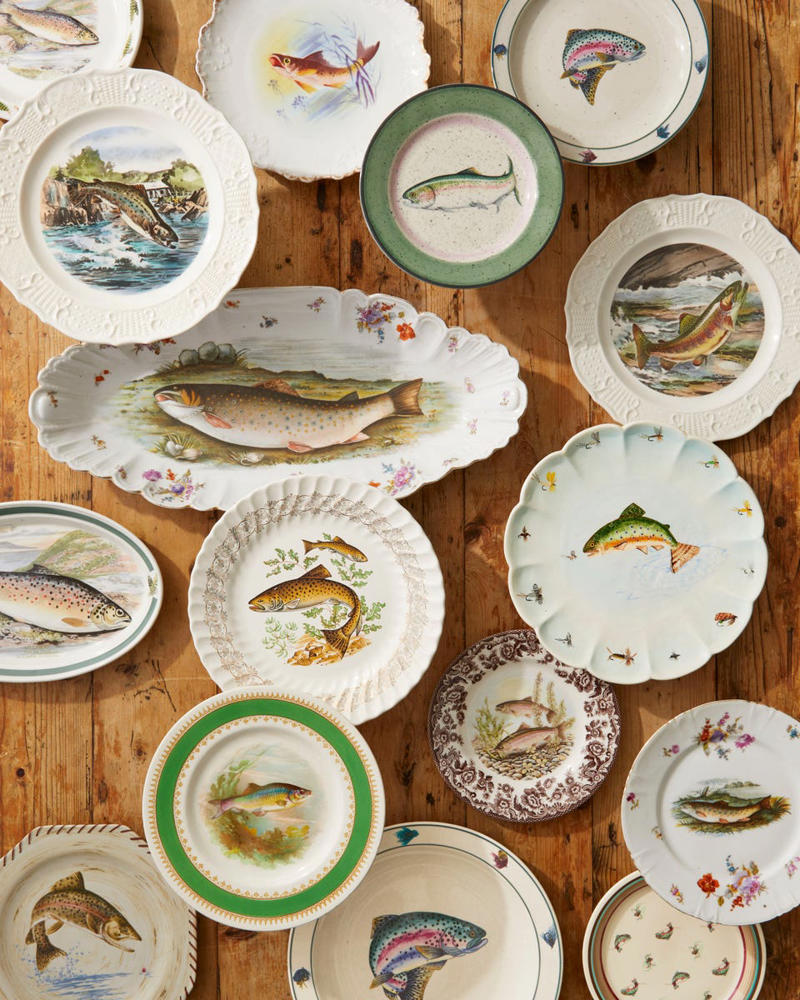 BROWN TRANSFERWARE, CRANBERRY TRANSFERWARE, PHEASANT DISHES , TROUT MOTIFS, TURKEY PLATES, WILD GAME ASSORTMENT