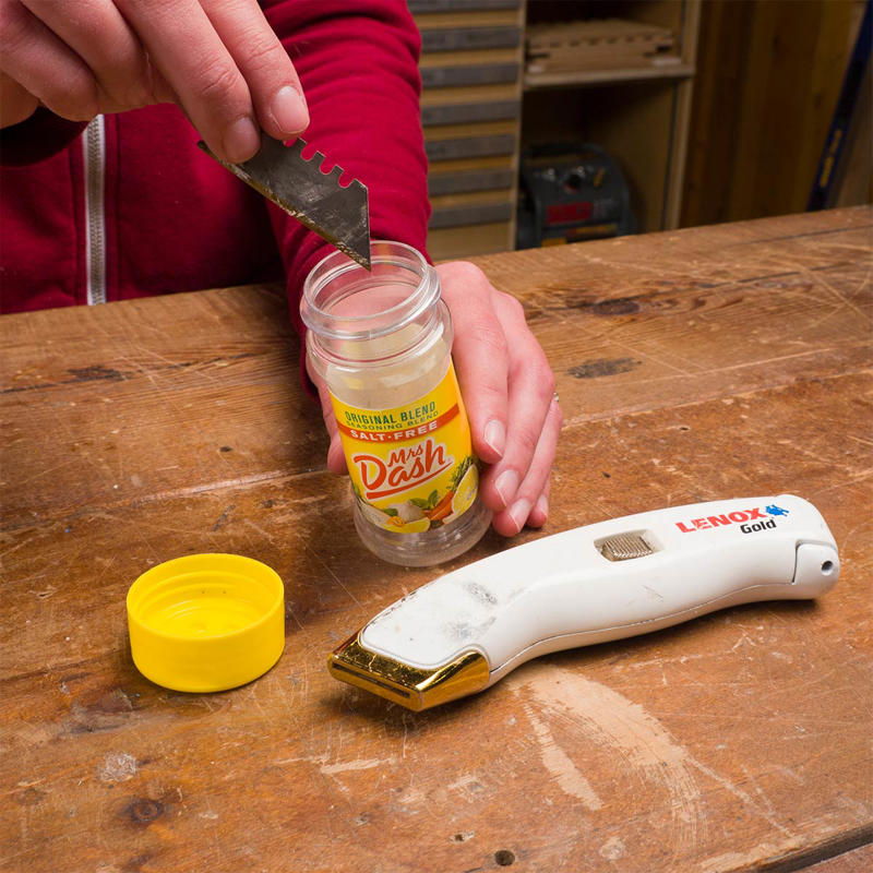 Safer Blade Disposal The Easiest Way to Refresh Dry Wood Putty, Make Your Own Car Air Freshener, An Excuse to Snack While Painting, One Cent Toilet Shims, Toilet Paper Roll Wrapping Paper Sleeve, Shoe Box Touch-Up Paint Kit, Oil Bottle Hardware Storage, Safer Blade Disposal, Tin Can Glue Bottle Storage