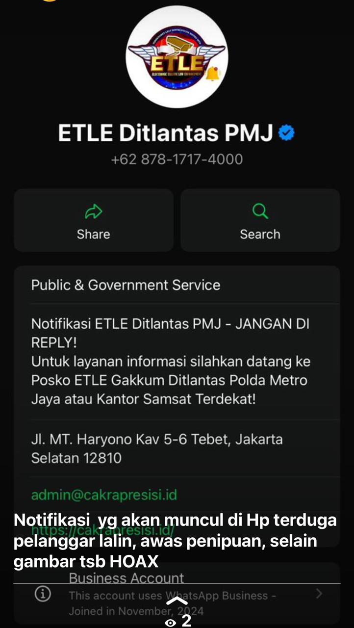 tilang elektronik, ETLE Nasional, Nomor WhatsApp ETLE, Nomor WhatsApp Tilang, Nomor Resmi ETLE, Awas Kena Tipu, Ini Ciri-ciri Nomor WA Resmi Tilang ETLE Nasional