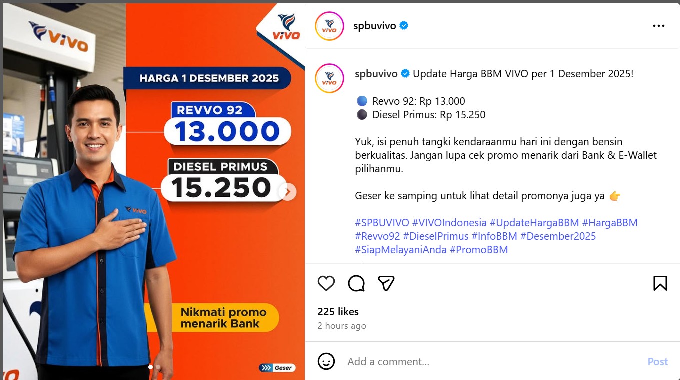vivo, harga bbm, revvo 92, Primus Diesel Plus, desember 2025, Update Harga BBM Vivo Per 1 Desember 2025, Cuma Dua yang Naik