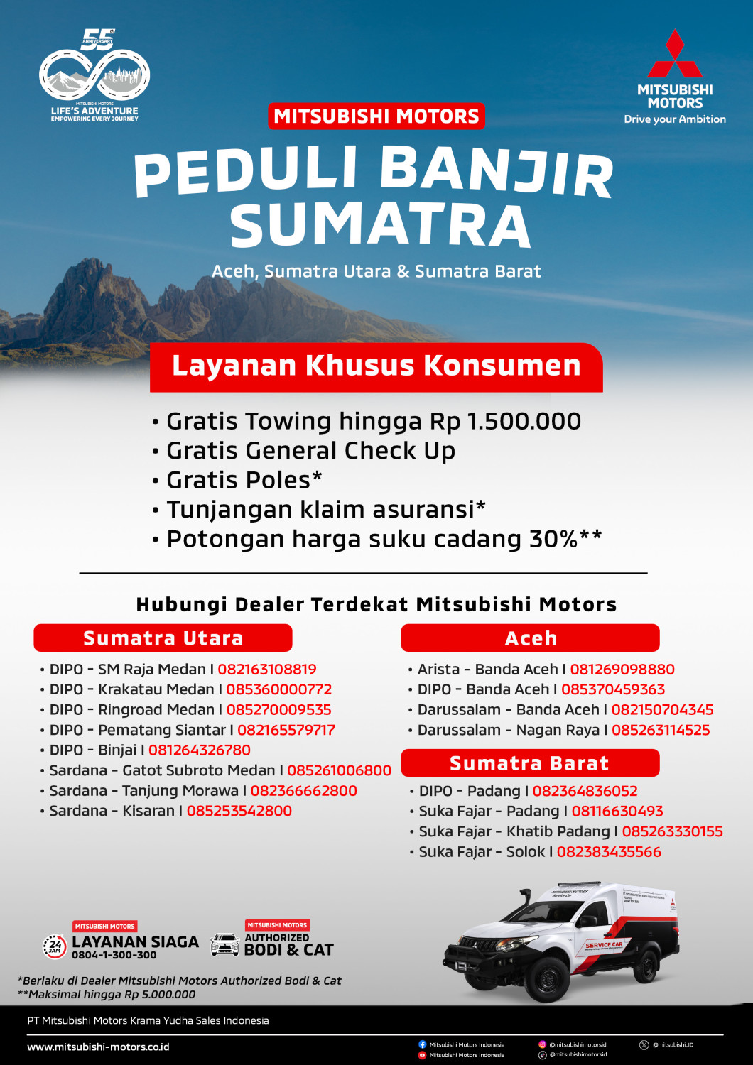 mitsubishi motors, mmksi, Towing gratis, Diskon Suku Cadang Mitsubishi, Banjir Sumatra, MMKSI Hadirkan Aksi Nyata Untuk Masyarakat Terdampak Banjir Bandang di Sumatra
