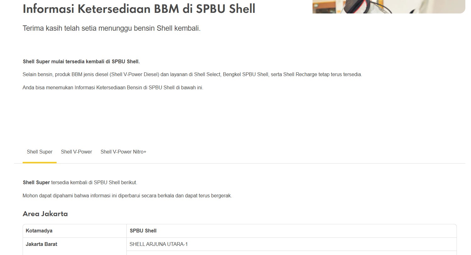 Shell Super, SPBU Shell, desember 2025, Daftar SPBU Shell yang Sudah Menyediakan Shell Super Per Hari Ini