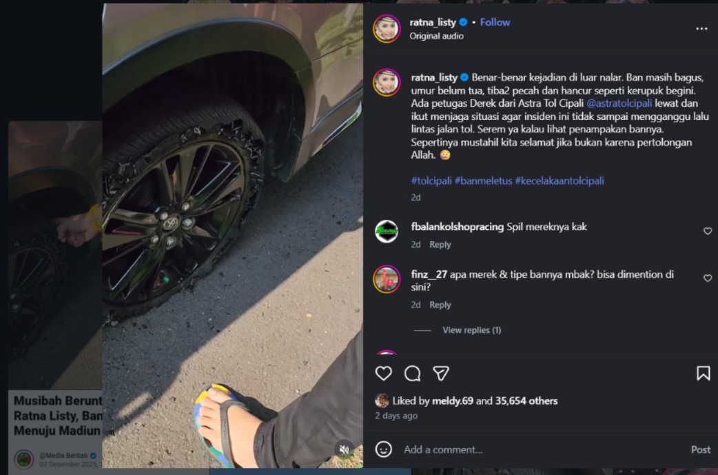 tol cipali, ratna listy, goodyear, Pecah Ban, Hampir Celaka, Artis Ratna Listy Pecah Ban di KM 95 Tol Cipali