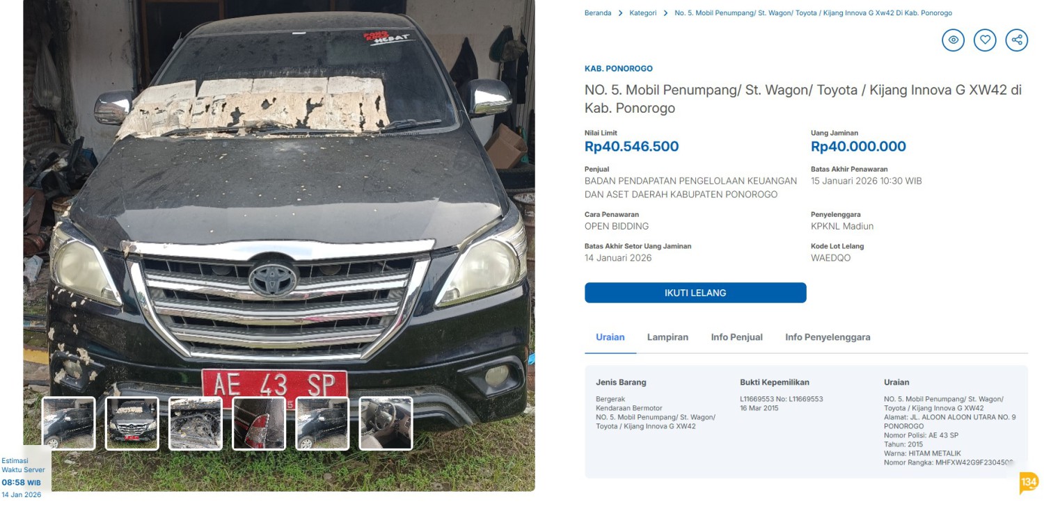 lelang motor murah, lelang mobil murah, Lelang Mobil Pemkab Ponorogo, Kijang Innova G 2015 Rp 40,5 Juta, Toyota Rush Rp 29,2 Juta, Lelang Murah Pemkab Ponorogo, Rush Rp 29,2 Juta dan Kijang Innova G 2015 Rp 40,5 Juta