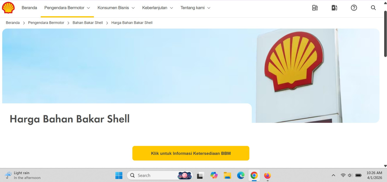 update, shell, harga bbm, daftar, april 2026, Harga BBM Shell Per 1 April 2026, Menghilang Sama Kayak Stoknya