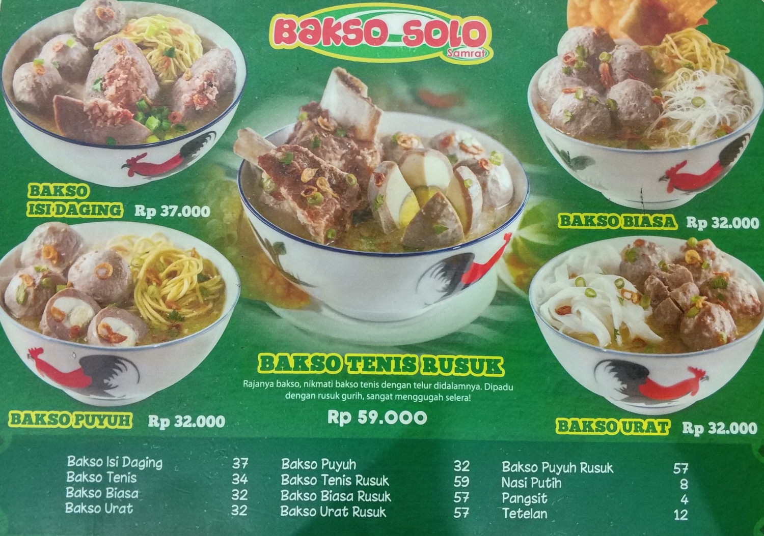 1. Bakso Solo Samrat, 2. Nikki Bakso Daging Sapi, 3. Warung Bakso Menot Wonogiri, 4. Mie Ayam Bakso Yunus, 5. Bakso Gondrong