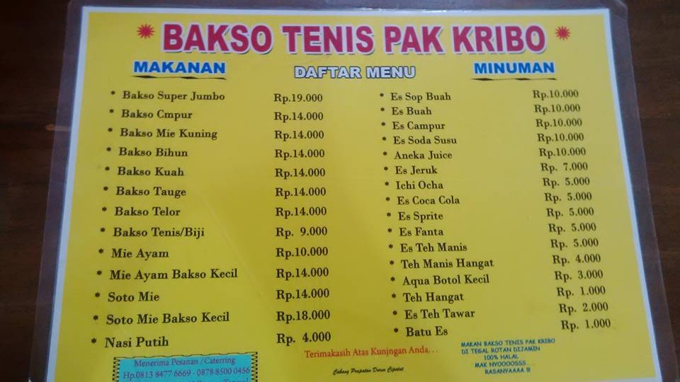 1. Bakso Cinta, 2. Bakso Mawut, 3. Mie Ayam Pak Kribo, 4. Bakso Krikil Pak Bendot