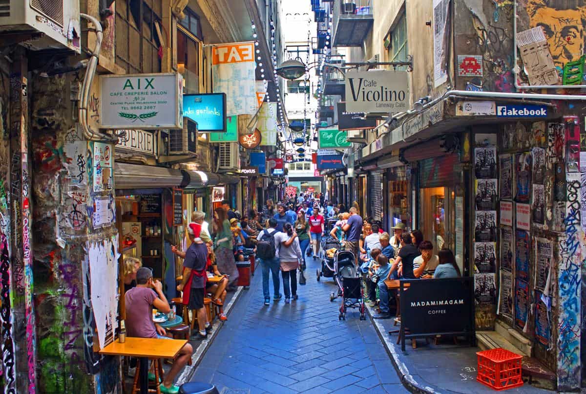 1. Rutledge Lane, 2. Centre Place, 3. Eureka Skydeck 88, 4. Brighton Bathing Boxes, 5. Warburton Redwood Forest, 6. Federation Square, 7. Elizabeth Street, 8. Royal Exhibition Building, 9. Yarra River, 10. Royal Botanic Gardens