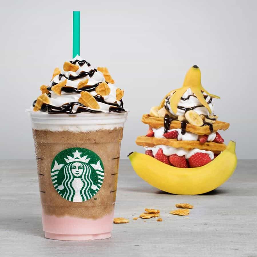 Banana Split Frappuccino, 1. Butterbeer Frappuccino, 2. Nutella Frappuccino, 3. Orange Drink, 4. Ariana Grande Frappuccino, 5. Raspberry Cheesecake Latte, 6. Matcha Pink Drink, 7. Chocolate Macchiato, 8. Red Velvet Frappuccino, 9. Purple Drink, 10. Banana Split Frappuccino