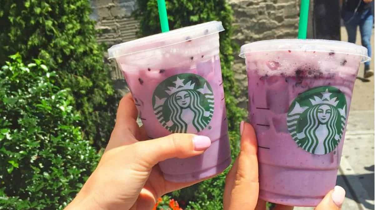 Purple Drink, 1. Butterbeer Frappuccino, 2. Nutella Frappuccino, 3. Orange Drink, 4. Ariana Grande Frappuccino, 5. Raspberry Cheesecake Latte, 6. Matcha Pink Drink, 7. Chocolate Macchiato, 8. Red Velvet Frappuccino, 9. Purple Drink, 10. Banana Split Frappuccino