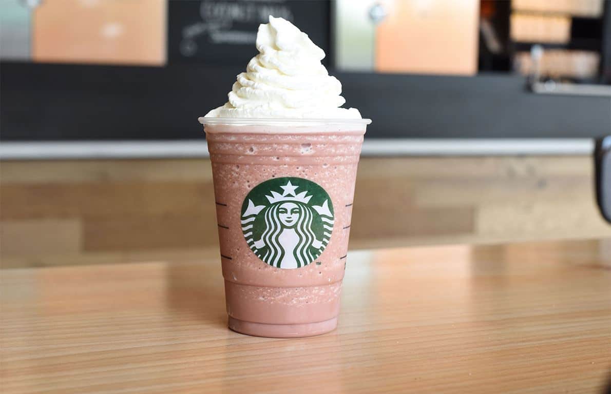 Red Velvet Frappuccino, 1. Butterbeer Frappuccino, 2. Nutella Frappuccino, 3. Orange Drink, 4. Ariana Grande Frappuccino, 5. Raspberry Cheesecake Latte, 6. Matcha Pink Drink, 7. Chocolate Macchiato, 8. Red Velvet Frappuccino, 9. Purple Drink, 10. Banana Split Frappuccino