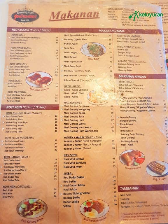 menu makanan, Menu di Warung Kopi Purnama, Harga Makanan dan Minuman, Suasana di Warung Kopi Purnama, Lokasi dan Jam Operasional