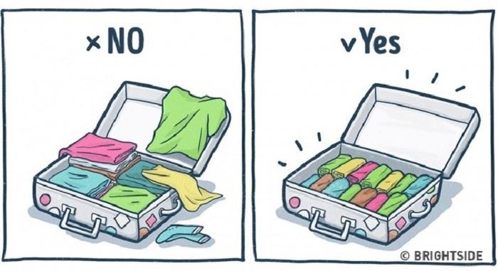 Gulunglah Semua Pakaian yang Hendak Kamu bawa, 1. Siapkan Baju, 2. Bawa Pakaian yang Paling Tebal, 3. Gulung Semua Pakaian, 4. Simpan Baju Sesuai Waktu Pemakaian, 5. Gunakan Metode “Piramida”, 6. Gunakan Kantong Kedap Udara, 7. Manfaatkan Tas Kecil, 8. Jangan Menyisakan Ruang Kosong