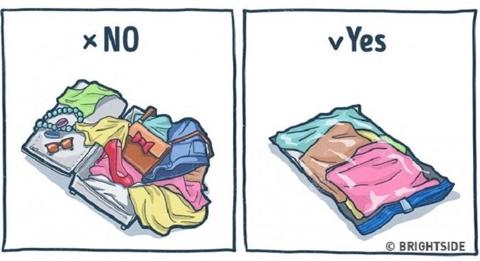 Gunakanlah Kantong Kedap Udara untuk Beberapa Pakaianmu, 1. Siapkan Baju, 2. Bawa Pakaian yang Paling Tebal, 3. Gulung Semua Pakaian, 4. Simpan Baju Sesuai Waktu Pemakaian, 5. Gunakan Metode “Piramida”, 6. Gunakan Kantong Kedap Udara, 7. Manfaatkan Tas Kecil, 8. Jangan Menyisakan Ruang Kosong
