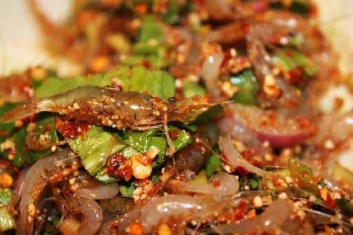 Goong Ten, 1. Fried Worms, 2. Goong Ten, 3. Sadow Leaves, 4. Larb Leuat Neua, 5. Fried Bugs, 6. Kai Yiew Ma, 7. Som Tam Hoy Dong, 8. Mok Huak, 9. Larb Mote Daeng, 10. Ant eggs